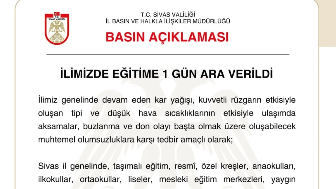 İlimizde Eğitime 1 Gün Ara Verildi. 